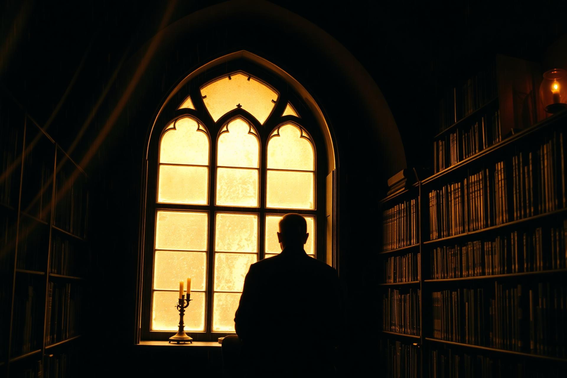 A solitary figure by an arched library window at dusk